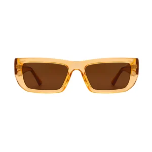 FAME - Yellow Transparent rectangular sunglasses from A. Kjærbede, featuring a yellow transparent frame and dark brown lenses, are shown from the front against a white background. The arms are partially visible, extending backwards. Gate21.ee