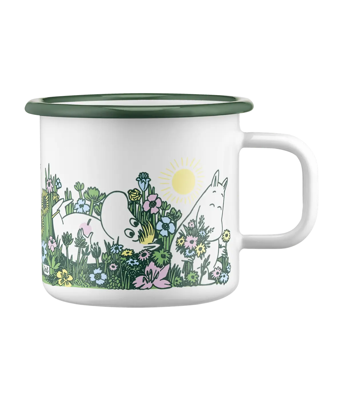 Enjoy your favourite beverage with the Garden - Moomin enamel mug 3.7dl, a white mug accented by a green rim and adorned with delightful cartoon figures relaxing in a vibrant field of flowers beneath the sun. Inspired by whimsical garden scenes, this charming mug showcases playful animal-like characters amid lush greenery—perfect for bringing a touch of joy to your garden moments. Gate21.ee