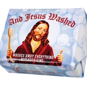 A bar of Jesus – Soap from the Unemployed Philosophers Guild, wrapped in blue packaging adorned with an illustration of Jesus holding a wooden spoon and the phrase, “And Jesus Washed and Washes away everything but your sins.”. Gate21.ee