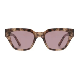 Front view of the KAWS - Coquina sunglasses by A. Kjærbede, featuring a tortoiseshell-patterned frame with rectangular, slightly angled lenses tinted in light purple. The arms are also tortoiseshell, set against a plain white background. Gate21.ee