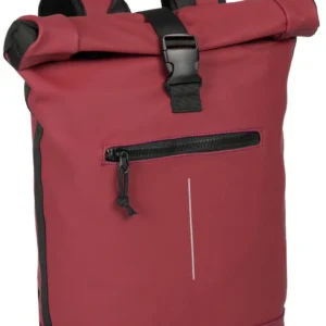 A burgundy New Rebels New York Rolltop Rucksack with black straps and trim, featuring a front zipped pocket and a buckle fastening on the top. The bag is standing upright on a plain white background. Gate21.ee
