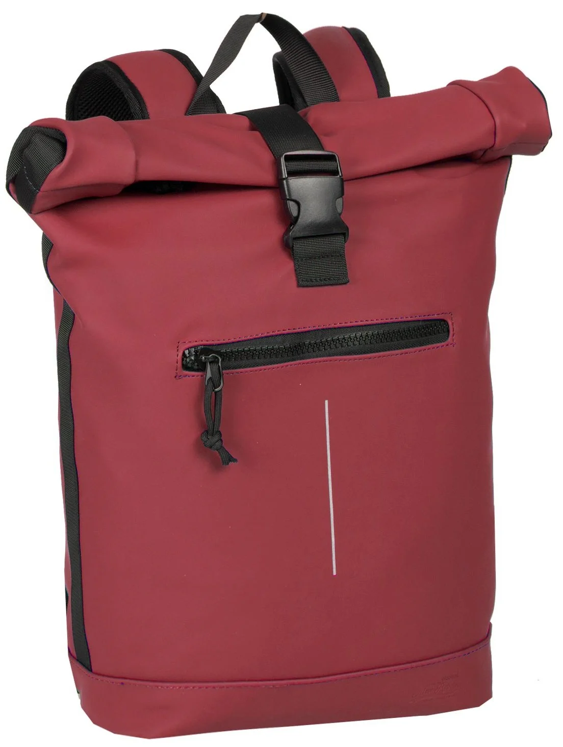 A burgundy New Rebels New York Rolltop Rucksack with black straps and trim, featuring a front zipped pocket and a buckle fastening on the top. The bag is standing upright on a plain white background. Gate21.ee