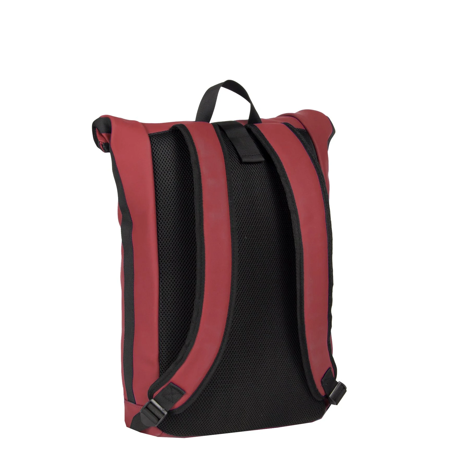 A burgundy New York Rolltop Rucksack is shown from the back, featuring two padded shoulder straps, a black mesh back panel, and a black carrying handle at the top. The rucksack is standing upright against a white background. Gate21.ee
