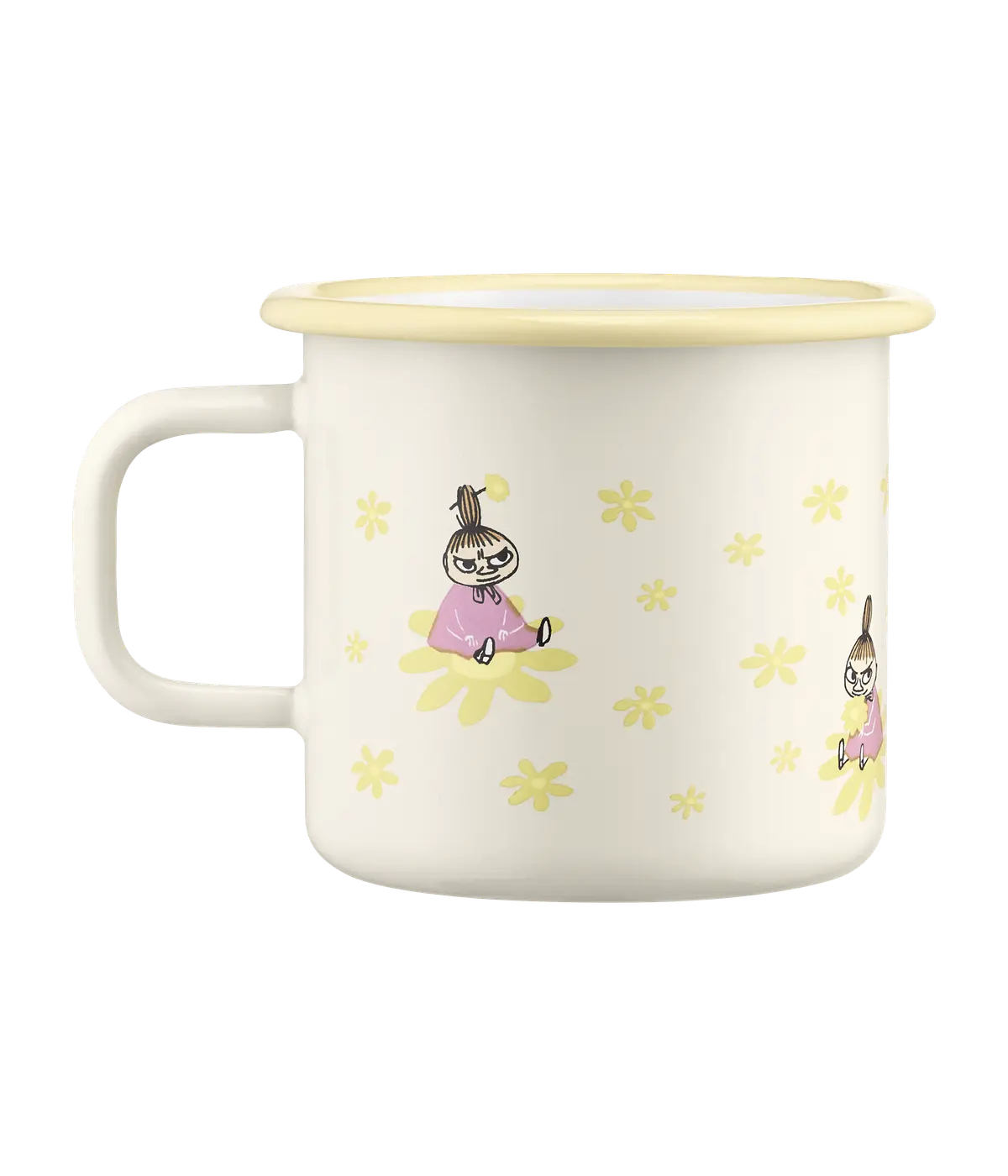 The Flowers – Moomin enamel mug (3.7dl) features a simple, playful design on a cream background with a pale yellow rim and handle. Cartoon characters in pink are depicted sitting among yellow flowers. Gate21.ee