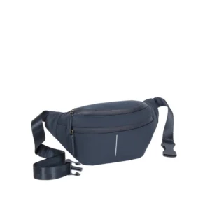 A Waistbag Vancouver - Navy from New Rebels, featuring a black adjustable strap, front zip pocket, and a subtle vertical reflective strip on the front. The bag is displayed against a plain white background. Gate21.ee
