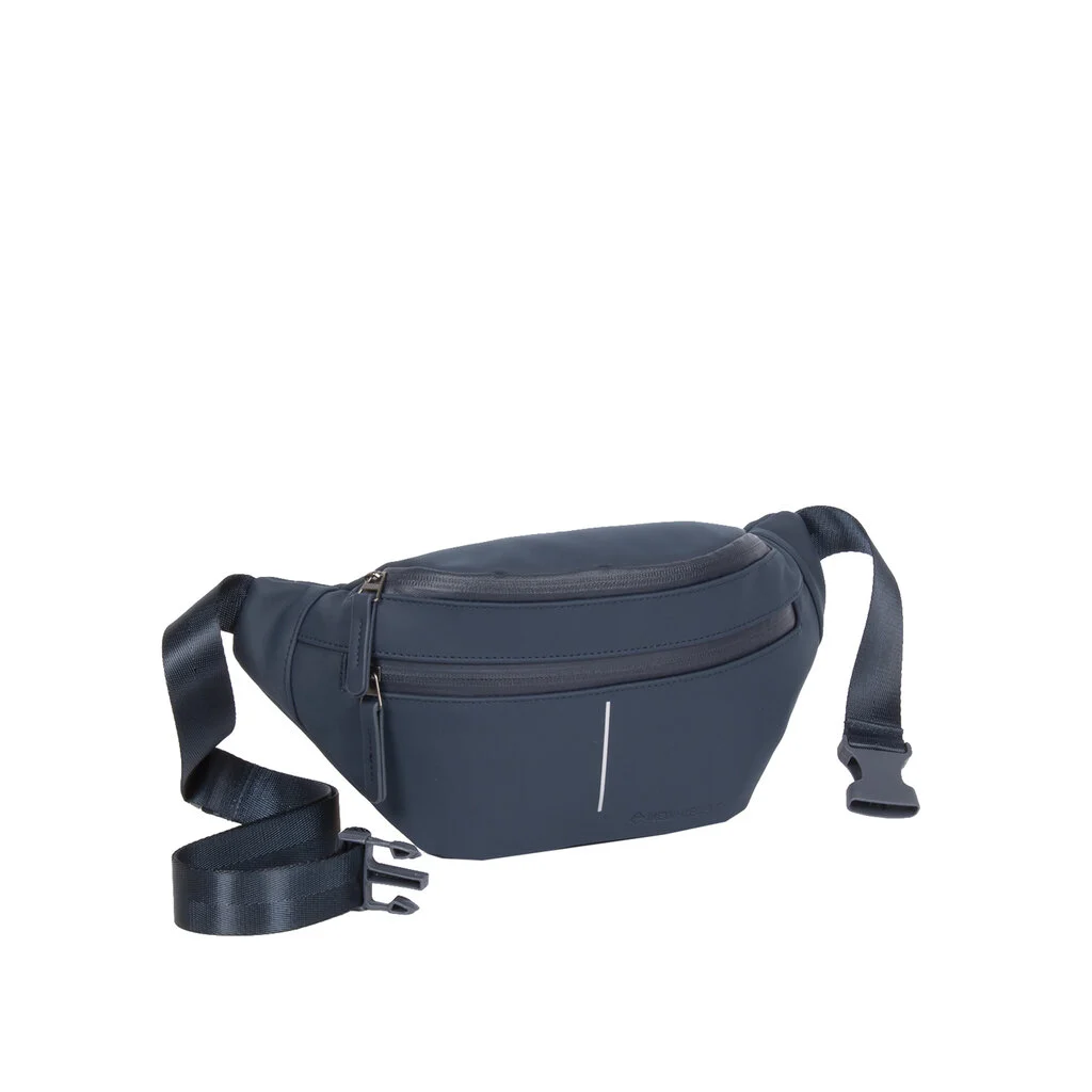A Waistbag Vancouver - Navy from New Rebels, featuring a black adjustable strap, front zip pocket, and a subtle vertical reflective strip on the front. The bag is displayed against a plain white background. Gate21.ee