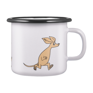 The Sniff – Moomin enamel mug 2.5dl is a white enamel mug with a black rim, featuring a simple illustration of Sniff, the brown kangaroo-like character, mid-hop on the side. Shown in profile against a plain background to highlight both the handle and part of the charming design, this 2.5dl mug is perfect for fans who appreciate subtle nods to Sniff’s adventures. Gate21.ee