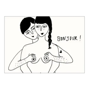 Poster A4 - Bonjour features a minimalist line drawing of two people, one standing behind the other and gently covering their chest with their hands. The person in front has a plait and a heart tattoo, reminiscent of the Helen B style. The word “BONJOUR!” appears to the right, whilst both figures display neutral expressions. Gate21.ee