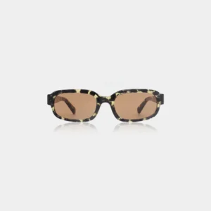 Rectangular WILL sunglasses by A. Kjærbede featuring dark brown lenses and a black/yellow tortoiseshell patterned frame, displayed against a plain white background. Gate21.ee
