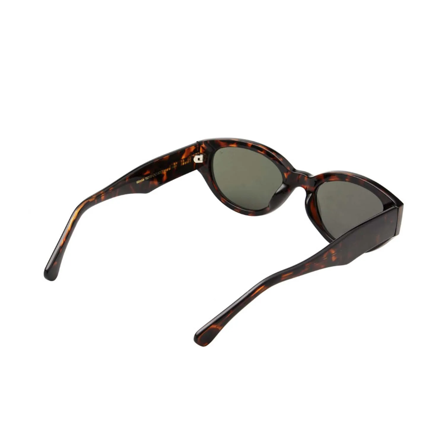 A pair of Winnie - Demi Tortoise sunglasses is shown from a rear angle, featuring dark lenses with the arms open and the inner portion of the tortoiseshell frames visible. Gate21.ee