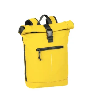 A yellow New York Rolltop Rucksack by New Rebels with black straps and accents, featuring a front zipped pocket and a black buckle fastening at the top. The roll-top bag is standing upright against a plain white background. Gate21.ee
