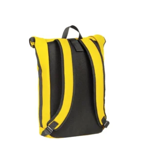 A yellow and black New York Rolltop Rucksack is shown from the back, featuring padded shoulder straps and a small handle at the top. The background is plain white. Gate21.ee