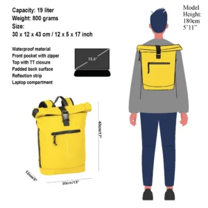 A yellow New York Rolltop Rucksack by New Rebels is displayed on a 180 cm tall model. The text highlights features such as waterproof material, a laptop compartment, padded back, and lists the dimensions as 30 x 12 x 43 cm, with a capacity of 19 litres and a weight of 800 grammes. Gate21.ee