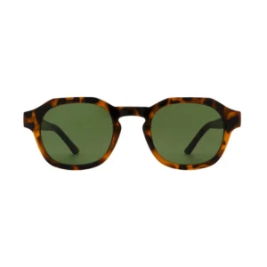 Zan - Havana A. Kjærbede sunglasses featuring a tortoiseshell frame and round green-tinted lenses, displayed facing forwards against a plain white background. Gate21.ee