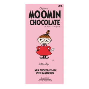 Adorned in a pink wrapper, the Organic Moomin Chocolate Little My – Milk Chocolate 41% with Raspberries displays the Moomin character Little My next to bold “MOOMIN CHOCOLATE” text. This delightful chocolate bar weighs 70g and is produced by Kalmar Chokladfabrik. Gate21.ee