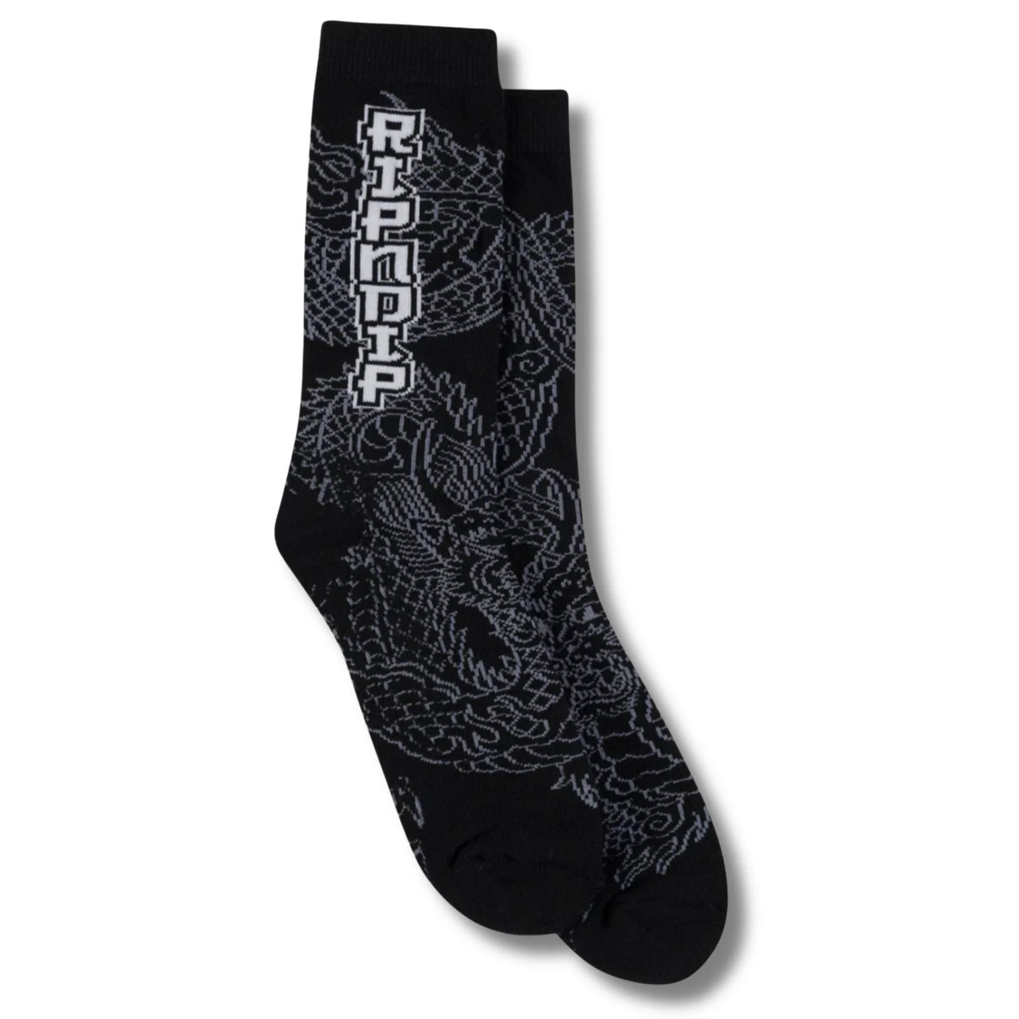 Introducing the Haku Socks - Black: a pair of black crew socks featuring a bold grey dragon design and “RIPNDIP” in striking white letters running vertically down the side. Overlapping and laid flat on a white background, these socks are the perfect complement to your favourite RIPNDIP T-shirt. Gate21.ee