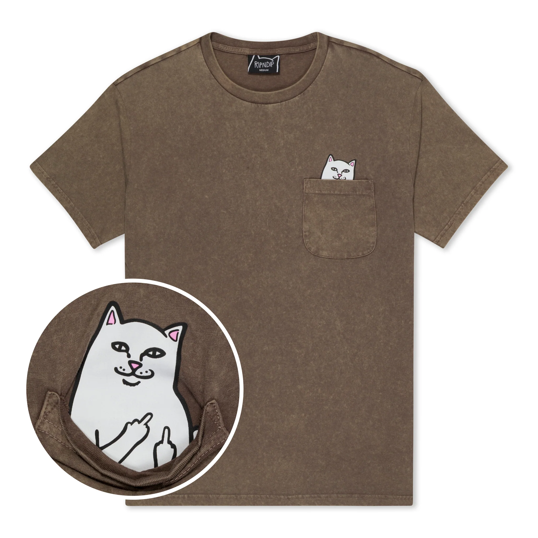 The Lord Nermal Pocket Tee - Brown wash is a short-sleeve T-shirt featuring a chest pocket with a cartoon white cat. When you pull down the pocket, the Lord Nermal cat is revealed holding up both middle fingers. Gate21.ee