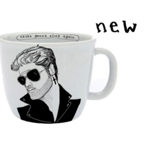 The Careless Sipper - Large cup is a white mug featuring a black and white illustration of a man with sunglasses and facial hair. Inside the rim, the text reads &ldquo;never gonna slurp again.&rdquo; The word &ldquo;new&rdquo; appears near the upper right corner. Gate21.ee