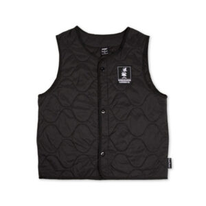 The Snufkin Fishing Gilet Unisex - Black is a sleeveless, black quilted gilet featuring a round neckline, front press studs, and a small rectangular logo patch on the left chest. Inspired by the playful spirit of Moomin T-shirts, it showcases a wavy stitched pattern that adds a touch of whimsical charm. Gate21.ee