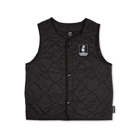 The Snufkin Fishing Gilet Unisex - Black is a sleeveless, black quilted gilet featuring a round neckline, front press studs, and a small rectangular logo patch on the left chest. Inspired by the playful spirit of Moomin T-shirts, it showcases a wavy stitched pattern that adds a touch of whimsical charm. Gate21.ee