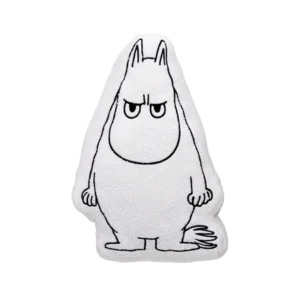 The Moomintroll Temper Cushion, a plush toy shaped like a white cartoon creature with small ears, a round nose, and an angry facial expression, stands upright against a plain white background&mdash;perfect for fans of Moomin keyrings and collectables. Gate21.ee