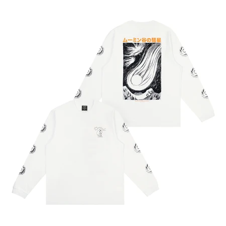 Moomin Novels Heavy Long Sleeve: A white long-sleeve shirt featuring black illustrations down the sleeves and a small graphic on the left chest. The back displays a whimsical drawing of hands reaching for a comet, accented with Japanese text above—taking inspiration from the classic Moomin T-shirt style. Gate21.ee