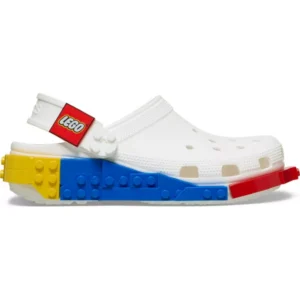A Crocs™ 4LW System Clog in white, showcasing LEGO branding and adorned with colourful blue, yellow, and red LEGO brick-like accents along the sole and back strap. Gate21.ee