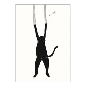 Poster A4 - Cat III features a black cat, illustrated in Helen B’s signature minimalistic style, dangling by its front paws from vertical lines that suggest claw marks on a white background. The cat’s body hangs as its tail curves upward, embodying a playful yet simple aesthetic. Gate21.ee