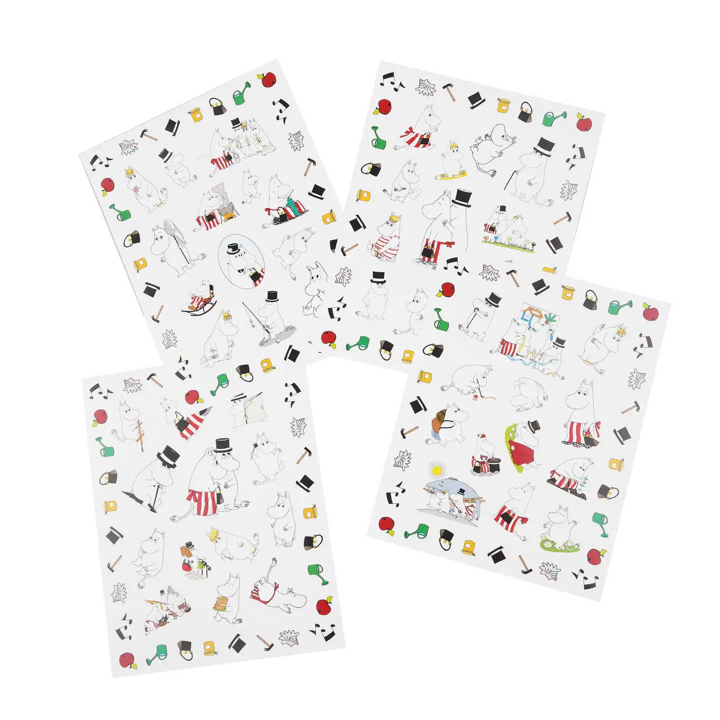 Four sheets featuring a total of 150 Moomin Family stickers, with illustrations of beloved Moomin characters in playful poses and outfits, surrounded by charming small icons such as apples, cups, and shoes on a white background. Gate21.ee
