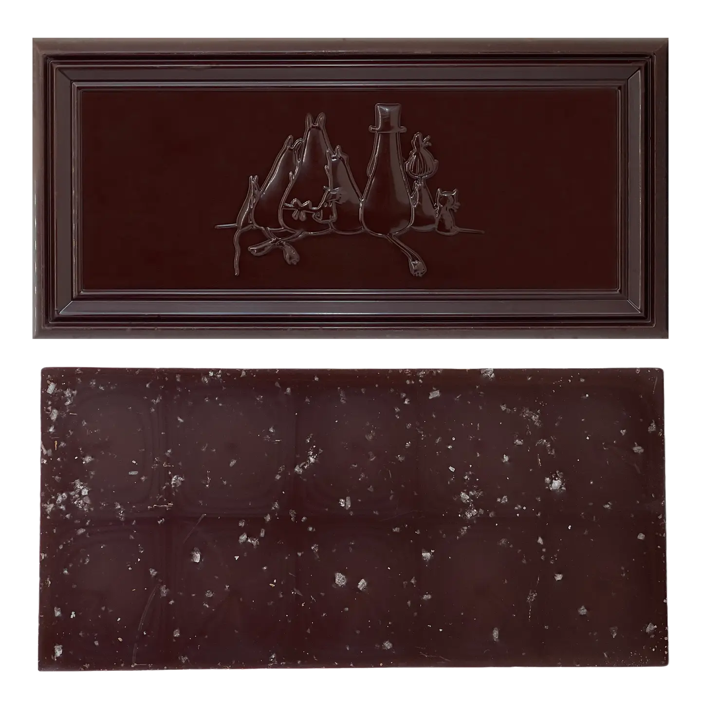 Two dark chocolate bars are shown: the top bar, Organic Moomin Chocolate Stinky – Dark Chocolate 70% with Sea Salt, inspired by Moomin chocolate, features an embossed design of three mice and bottles, whilst the bottom bar has a plain surface with small white specks scattered throughout. Gate21.ee