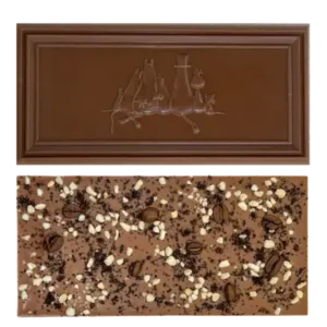 A rectangular Organic Moomin Chocolate Moominpappa – Milk Chocolate 41% with Coffee and Crunchy Caramel bar is shown. One side is embossed with images of cats, whilst the other side is topped with small white and dark pieces, crushed biscuits, and whole coffee beans. The background is plain white. Gate21.ee