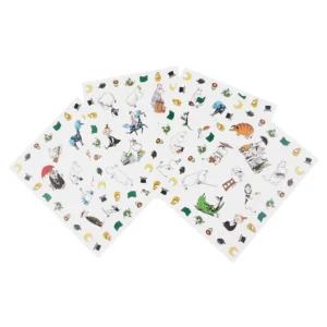 Three sheets from the Moomin - Stickers - Moominvalley set overlap, each adorned with colourful cartoon Moomin characters and small scattered icons like hats, leaves, and moons across the surface. Gate21.ee