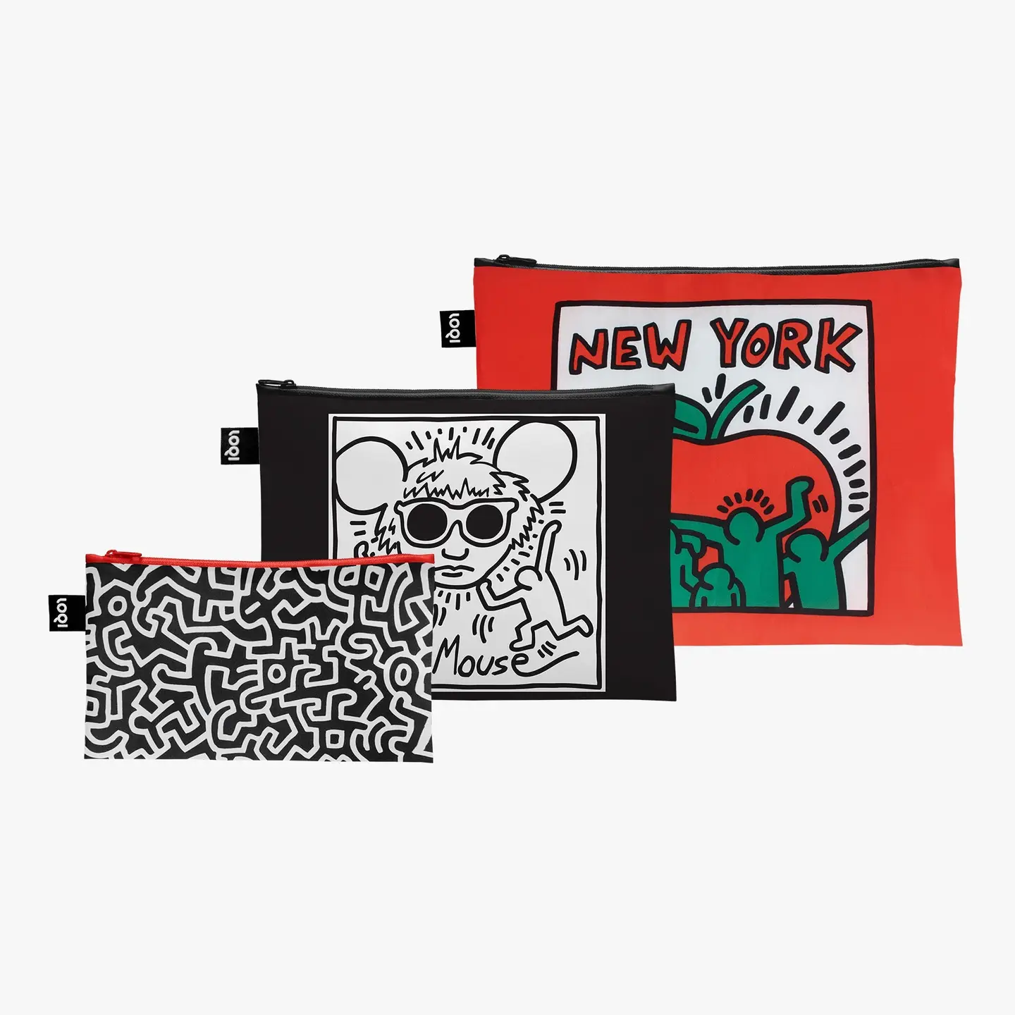 The Keith Haring 3x Zip Pockets - LOQI Recycled set features three vibrant pouches crafted from recycled materials: one red pouch showcasing “New York” and two figures inspired by Keith Haring, one black-and-white pouch with abstract line designs, and one black pouch adorned with a cartoon mouse sporting sunglasses. Each convenient pouch includes a secure zip pocket. Gate21.ee