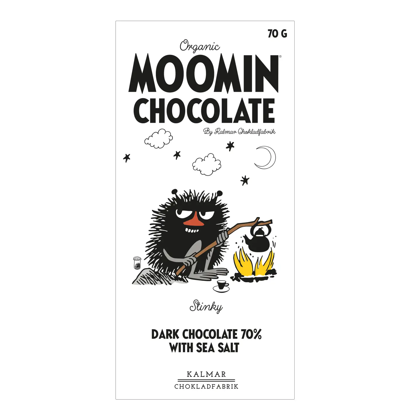 The wrapper of Organic Moomin Chocolate Stinky – Dark Chocolate 70% with Sea Salt by Kalmar Chokladfabrik features the cartoon character Stinky sitting by a campfire. The bar contains 70% dark chocolate with sea salt and has a net weight of 70g. Gate21.ee