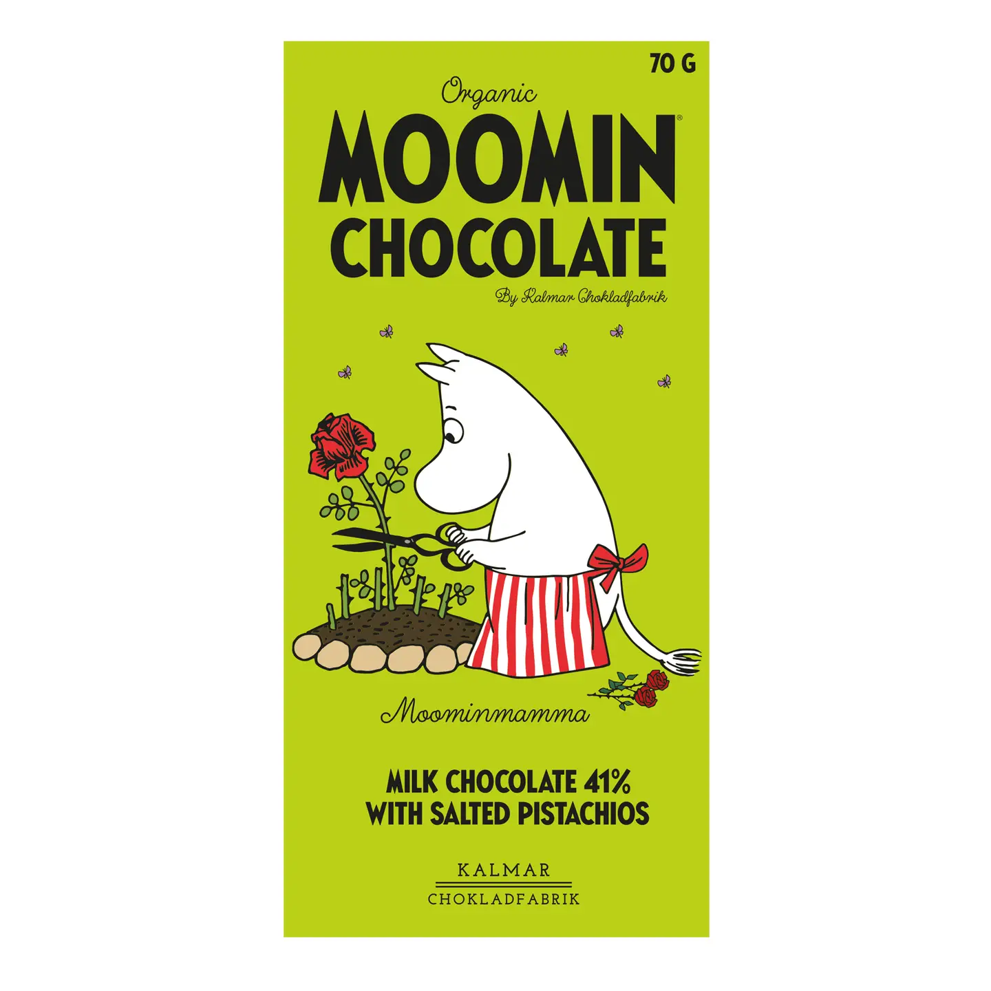 A green wrapper labelled &ldquo;Organic Moomin Chocolate Moominmamma&rdquo; features an illustration of Moominmamma watering a flower. The text reads: Milk Chocolate 41% with Pistachio and Salt. This 70-gramme bar is made by Kalmar Chokladfabrik. Gate21.ee