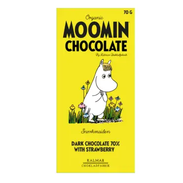 A yellow wrapper for Organic Moomin Chocolate Snorkmaiden features a white cartoon character standing in grass. The label reads &ldquo;Dark Chocolate 70% with Strawberry,&rdquo; and highlights that the product is organic. Gate21.ee