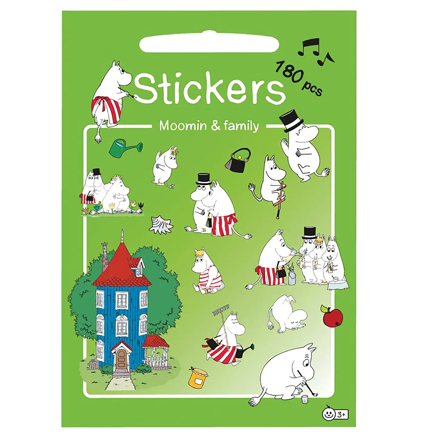 A sticker sheet titled “Moomin - 150 Stickers - Moomin Family,” featuring delightful Moomin family characters in various poses, along with designs such as a blue house, red flowerpot, cherry, and watering can, all set against a green background with “Stickers Moomin & family” text and whimsical musical notes. Gate21.ee