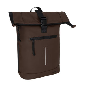 A New York Rolltop Rucksack - Mocha featuring a roll-top design, front zip pocket, side zip, black buckle fastening, and top handle is photographed on a white background. Gate21.ee