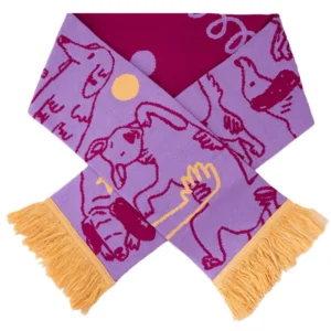 A Puppy - Organic scarf in purple with yellow fringe features abstract animal drawings in dark pink and subtle yellow accents. The scarf is crossed, highlighting the playful illustrations and fringe against a plain white background. Gate21.ee